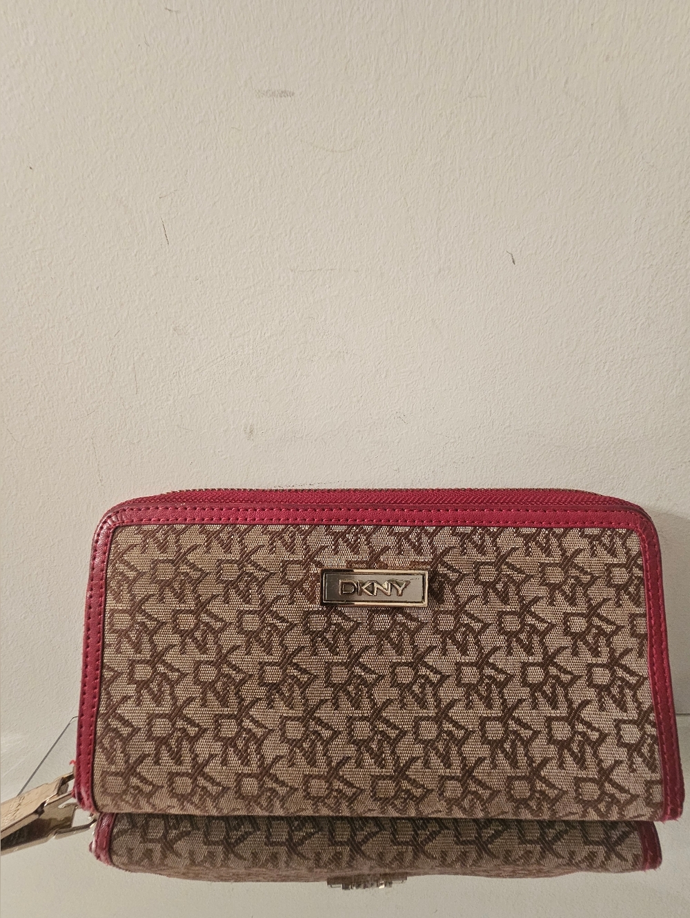 DKNY Signature Canvas Zip Wallet in Brown and Red